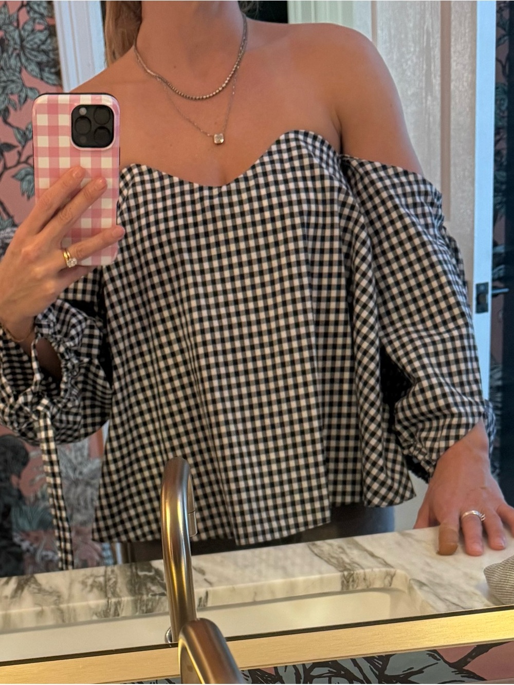 Caroline Constas Black and White Gingham Off-Shoulder Tie-Sleeve Top